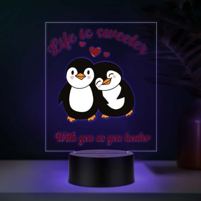 Cute Romantic Couple Penguins Design Acrylic UV Printed LED Night Lamp with Automatic Color Changing Light Gift for Couples